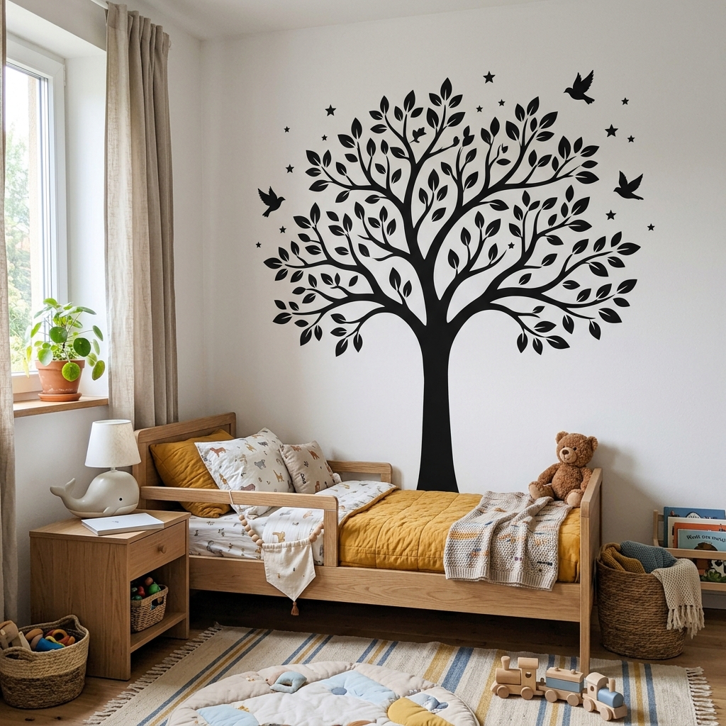 Tree wall decal with birds in a children's room – custom black vinyl by Stoff3 Kassel